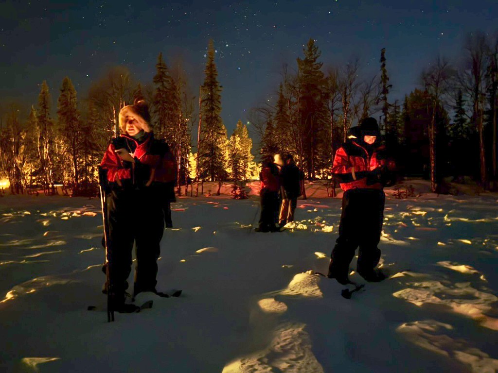 People in winter gear standing on snow, surrounded by trees and a starry night sky in Finnish Lapland.