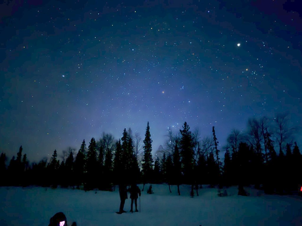 A night sky filled with stars above a snowy landscape, with silhouetted trees and two figures standing in the foreground.