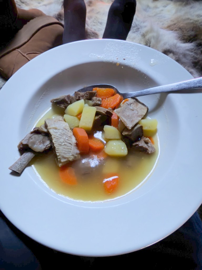 A bowl of reindeer stew featuring chunks of meat, carrots, and potatoes, served with a spoon in a rustic setting.