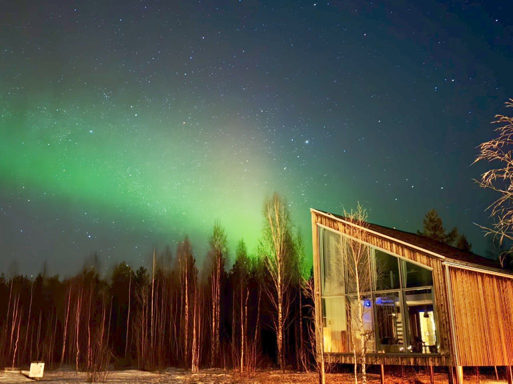A night sky illuminated by the Northern Lights, with shades of green, above a modern wooden cabin surrounded by tall trees in a rural setting.