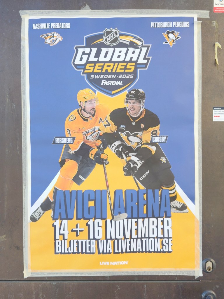 A poster advertising the NHL Global Series featuring the Nashville Predators and Pittsburgh Penguins, scheduled for November 14 and 16, 2025, at Avicii Arena in Sweden.