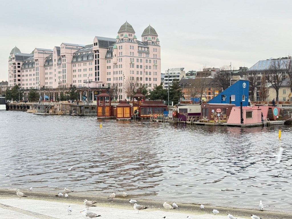 A view of a waterfront area in Oslo featuring colorful floating structures and a pink building in the background, with seagulls along the water's edge.
