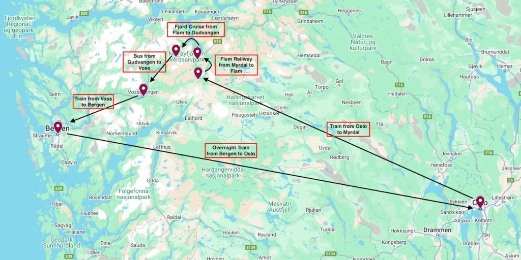 A map of Norway illustrating the route taken during a day trip from Oslo to Bergen, highlighting the major travel segments including the Flam Railway, fjord cruise, and overnight train.