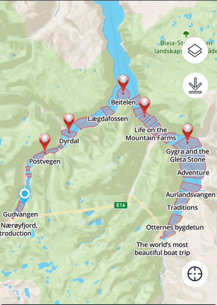 Map showing the route and points of interest along the fjords in Norway, including Gudvangen and Nærøyfjord.