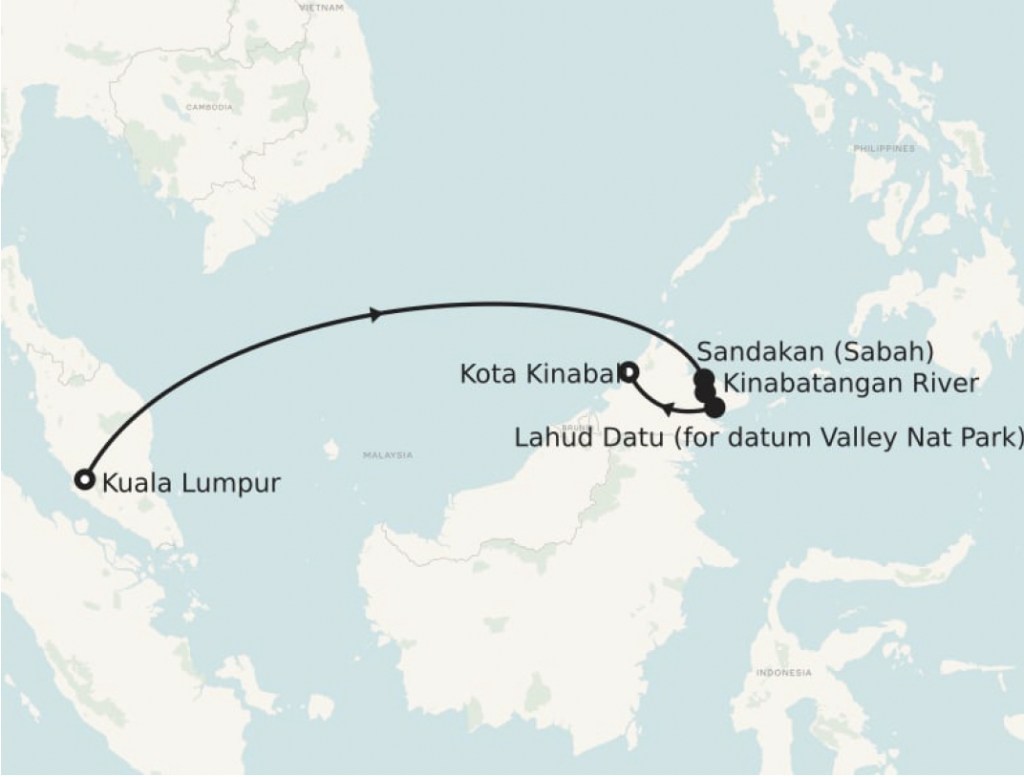 Map of Malaysia showcasing the route from Kuala Lumpur to various locations in Sabah, including Sandakan, Kinabatangan River, and Lahud Datu.