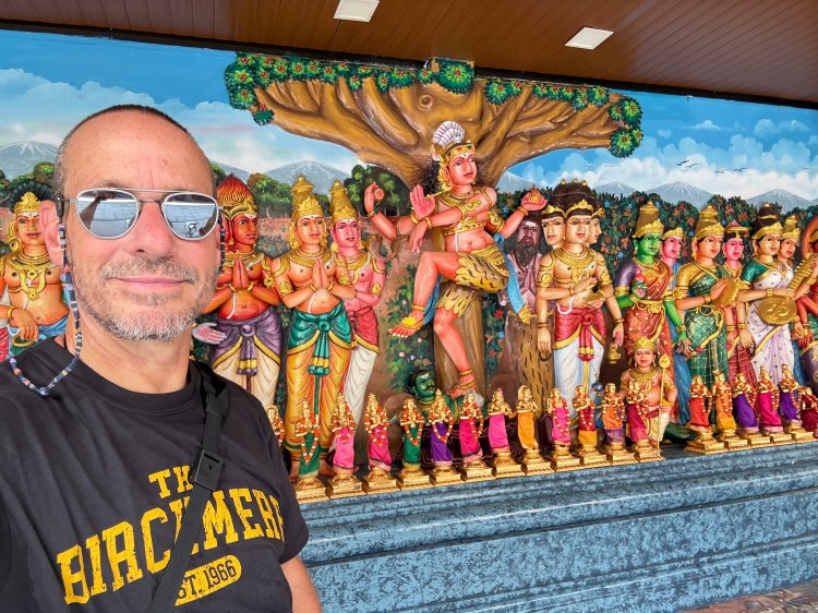 A person stands in front of a colorful mural depicting multiple Hindu deities, with intricate details and vivid colors.