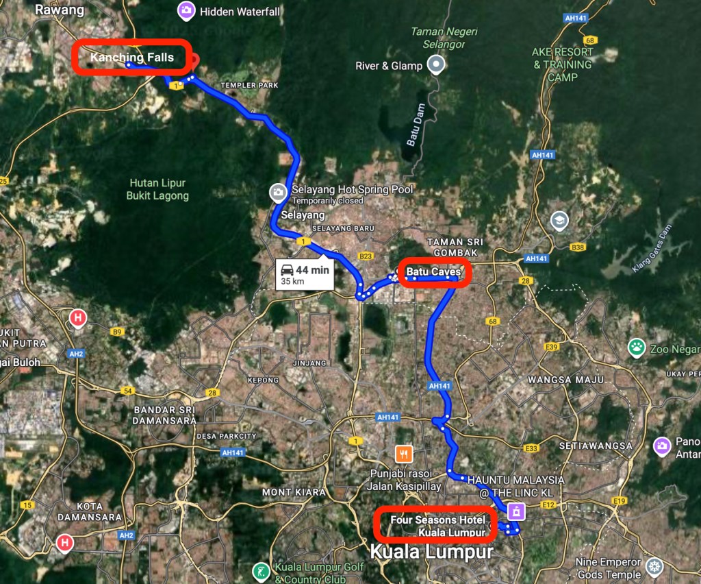 A map showing the location of Kanching Falls and Batu Caves near Kuala Lumpur, with highlighted routes and nearby landmarks.