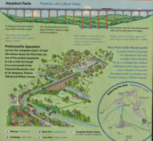 Information panel about the Pontcysyllte Aqueduct, detailing its historical significance, height above the River Dee, and its designers, Thomas Telford and William Jessop. Includes a map of the area showing local features, such as the canal and nearby structures.